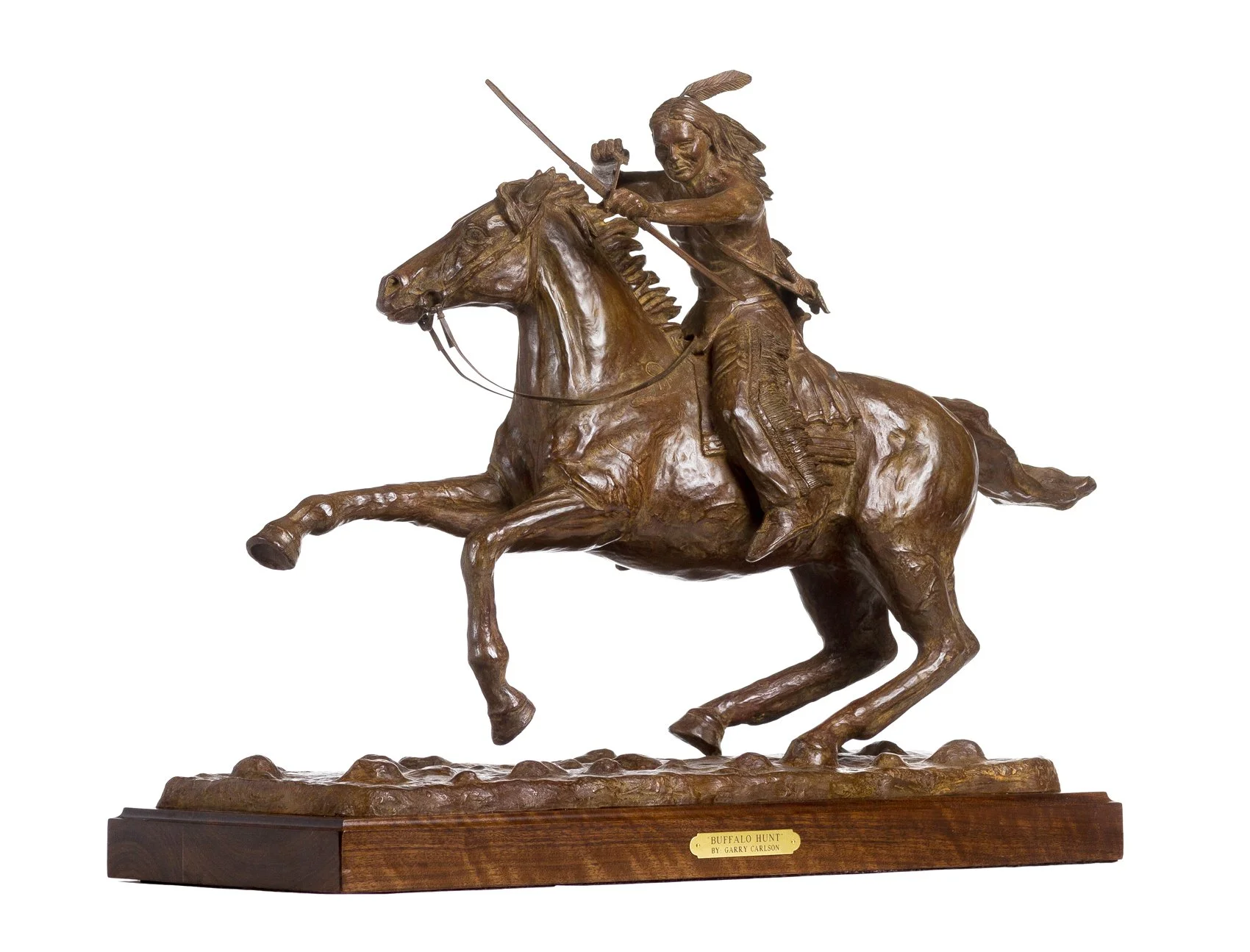 Buffalo Hunt 25"w x 21"h x 10"d • Bronze mounted on walnut base Edition of 20