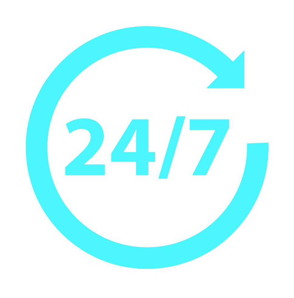 24/7 access icon with a circular arrow surrounding the text "24/7" in blue.