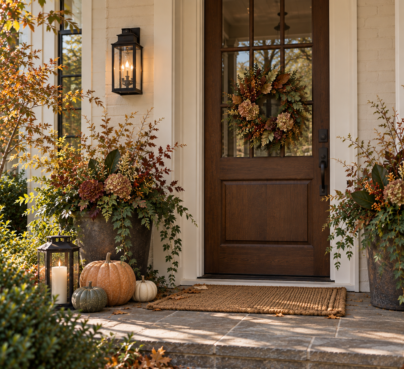 Front porch decorated for fall with a wooden door, a wreath, pumpkins, floral arrangements, a doormat, and lanterns with candles, surrounded by autumn leaves and plants.