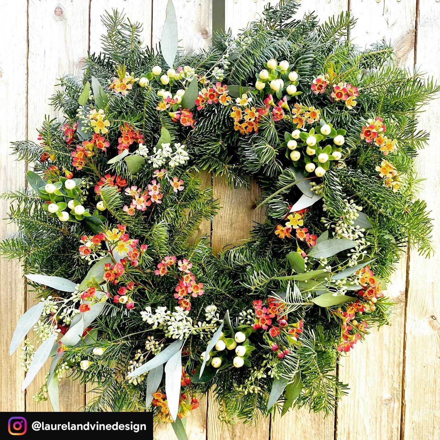 A decorative holiday wreath made of green pine branches, eucalyptus leaves, and small white and red berries, hanging on a wooden background.