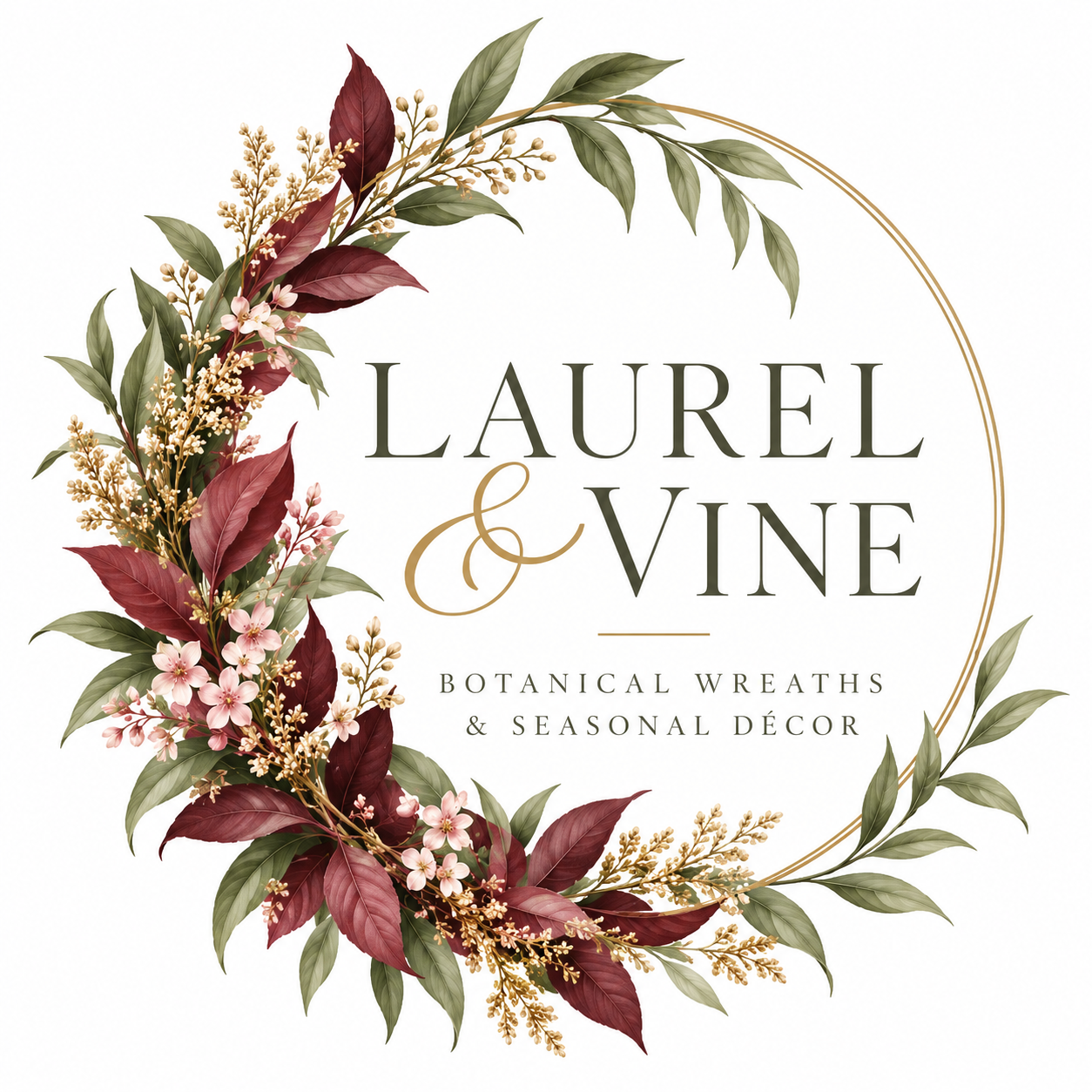 Floral wreath with pink and red flowers and green and burgundy leaves framing the text 'Laurel & Vine Botanical Wreaths & Seasonal Décor' on a white background.