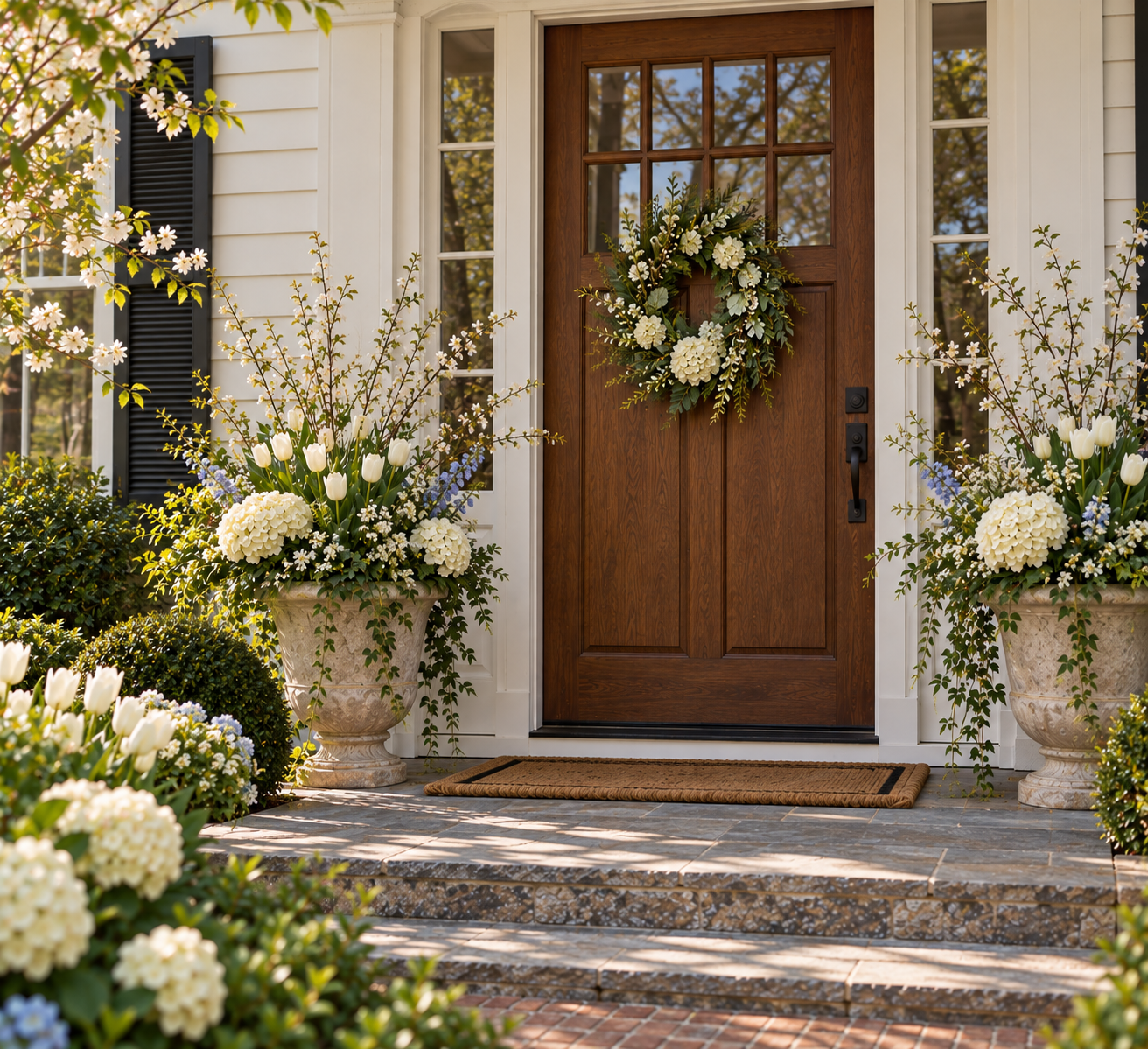 Front porch with a wooden door decorated with a floral wreath. Two large white flower pots with white tulips, hydrangeas, and smaller flowers flank the door. There are brick steps leading up to the porch, surrounded by flowering bushes and white flowers, with a doormat in front of the door.