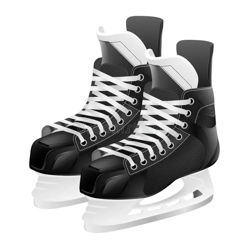 A pair of black and white ice skates with white laces and a white blade.