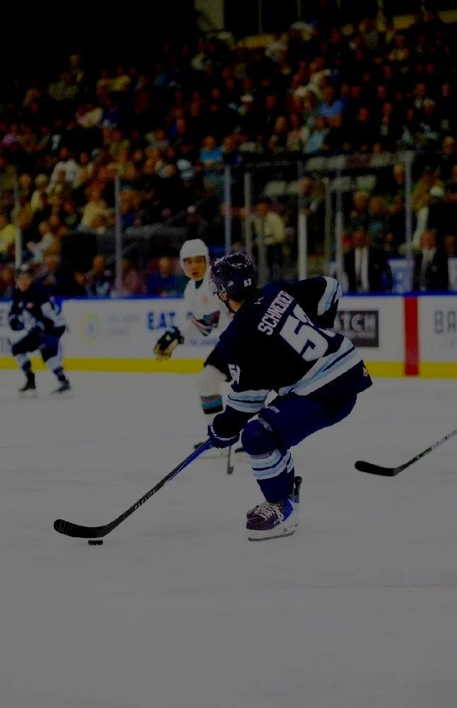 A hockey player wearing a navy blue jersey with the number 55 and the name 'SCHARDINGER' on the back playing on the ice rink, with a crowd in the stands in the background.