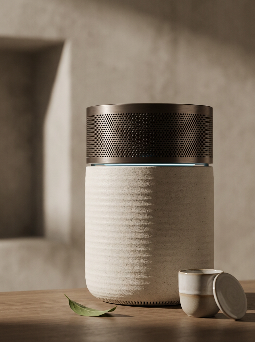 A modern, round air purifier with a bronze-colored top and a textured white base, sitting on a wooden surface with a small ceramic cup next to it, in a minimalistic room.