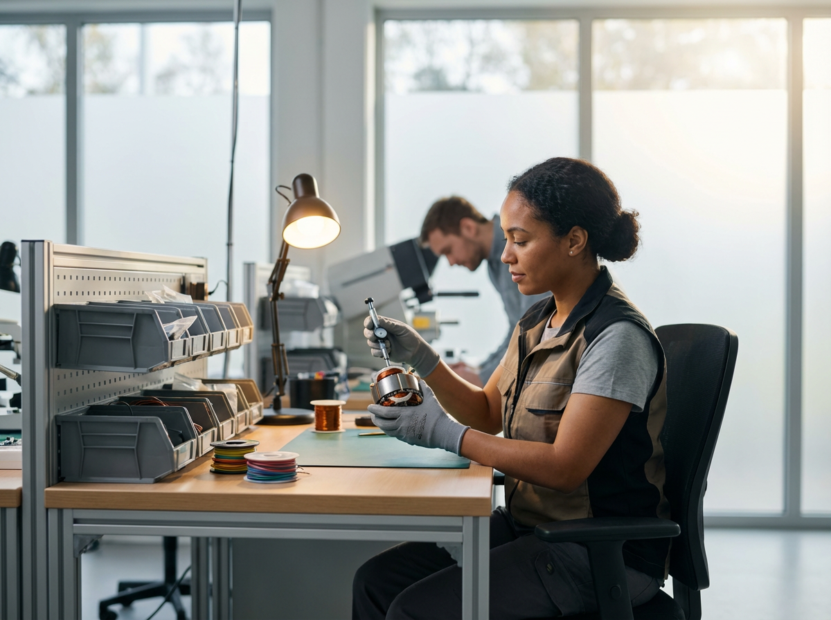A woman working with electronic components in a well-lit lab, with a man in the background working at a microscope.