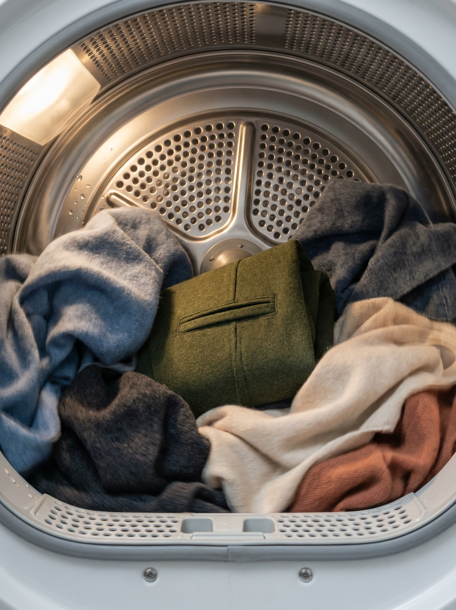 Clothes inside the drum of a washing machine.