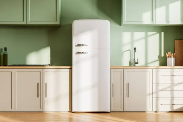 Kitchen with green walls, white cabinets, a white refrigerator, and sunlight streaming through a window.
