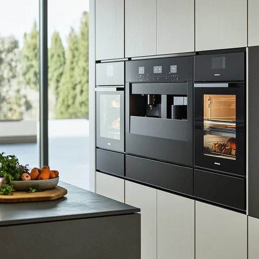 Modern kitchen with built-in coffee machine and oven, white cabinetry, and a gray countertop.