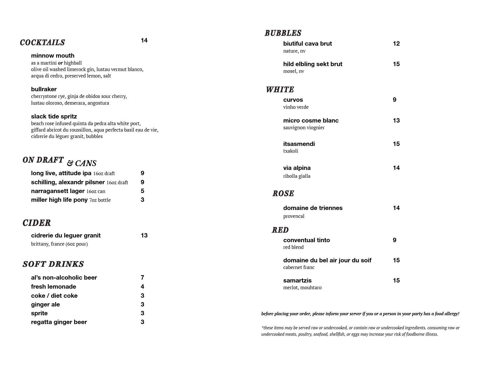 A menu featuring categories of cocktails, soft drinks, bubbles, white wines, rose wines, and red wines with item names and prices listed.