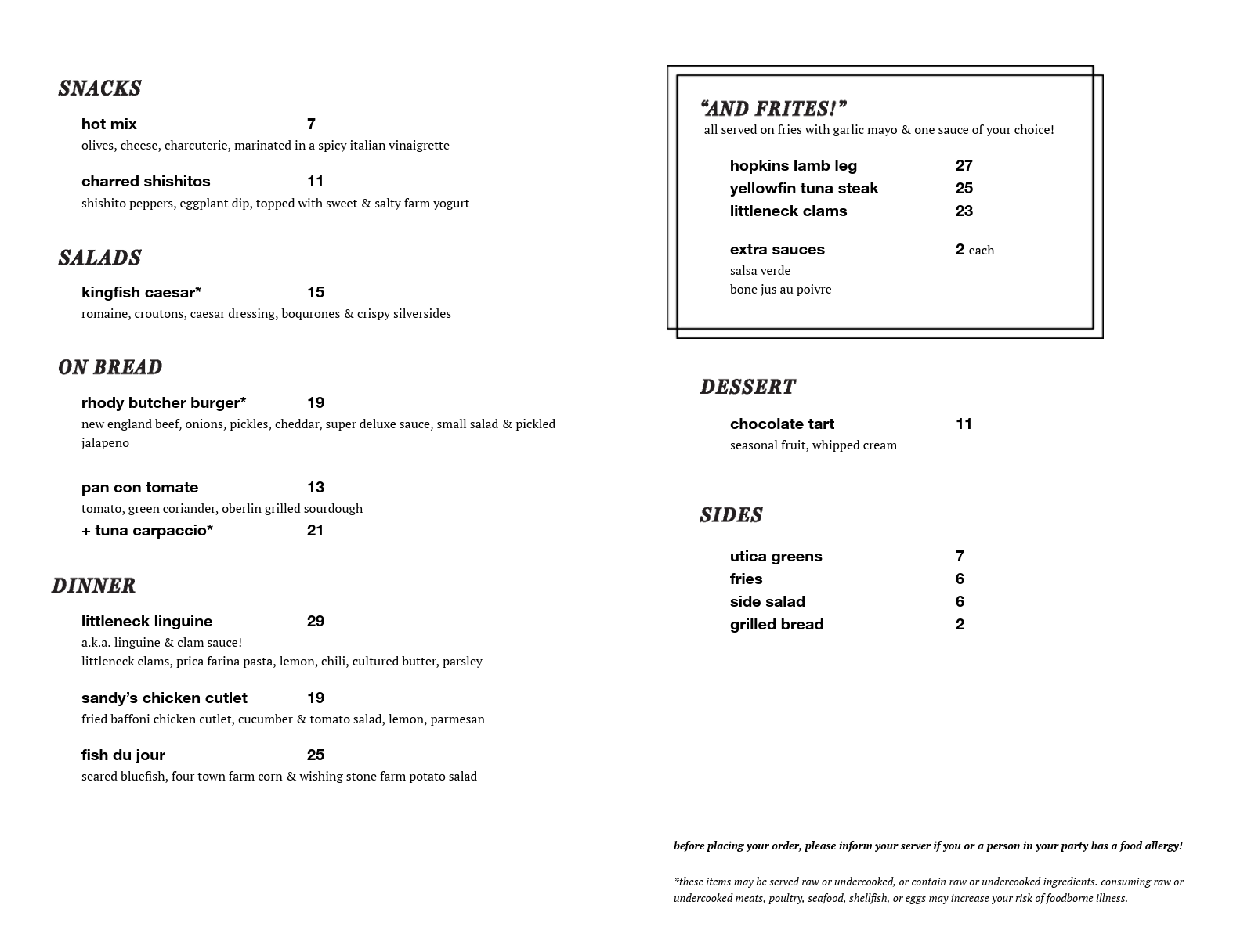Restaurant menu featuring snacks, salads, bread, dinner, fried items, desserts, and sides, with prices and descriptions.
