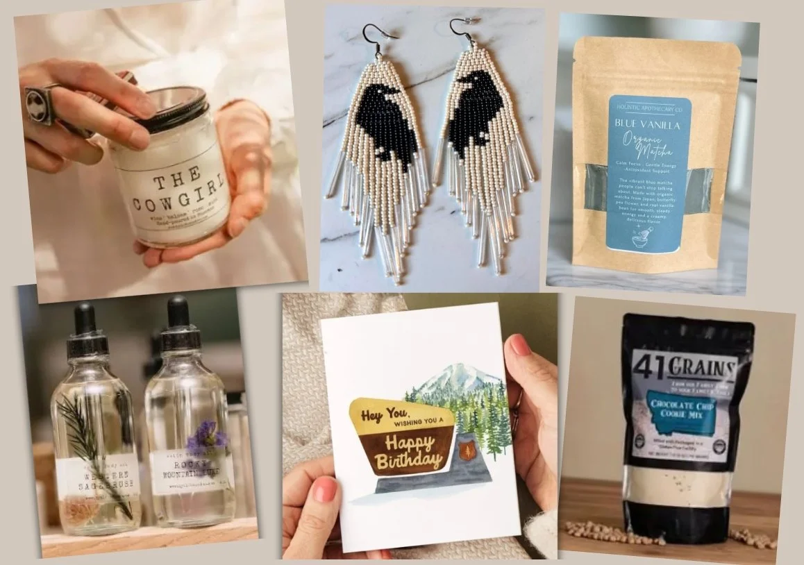 Collection of six photographs, including a hand holding a candle with 'The Cowgirl' label, beaded earrings with black and white eagle design, a kraft paper bag with 'Blue Vanilla' organic matcha tea, two small glass bottles with rosemary and lavender, a birthday card with mountains and trees, and a pouch of 41 Grains chocolate chip cookie mix.