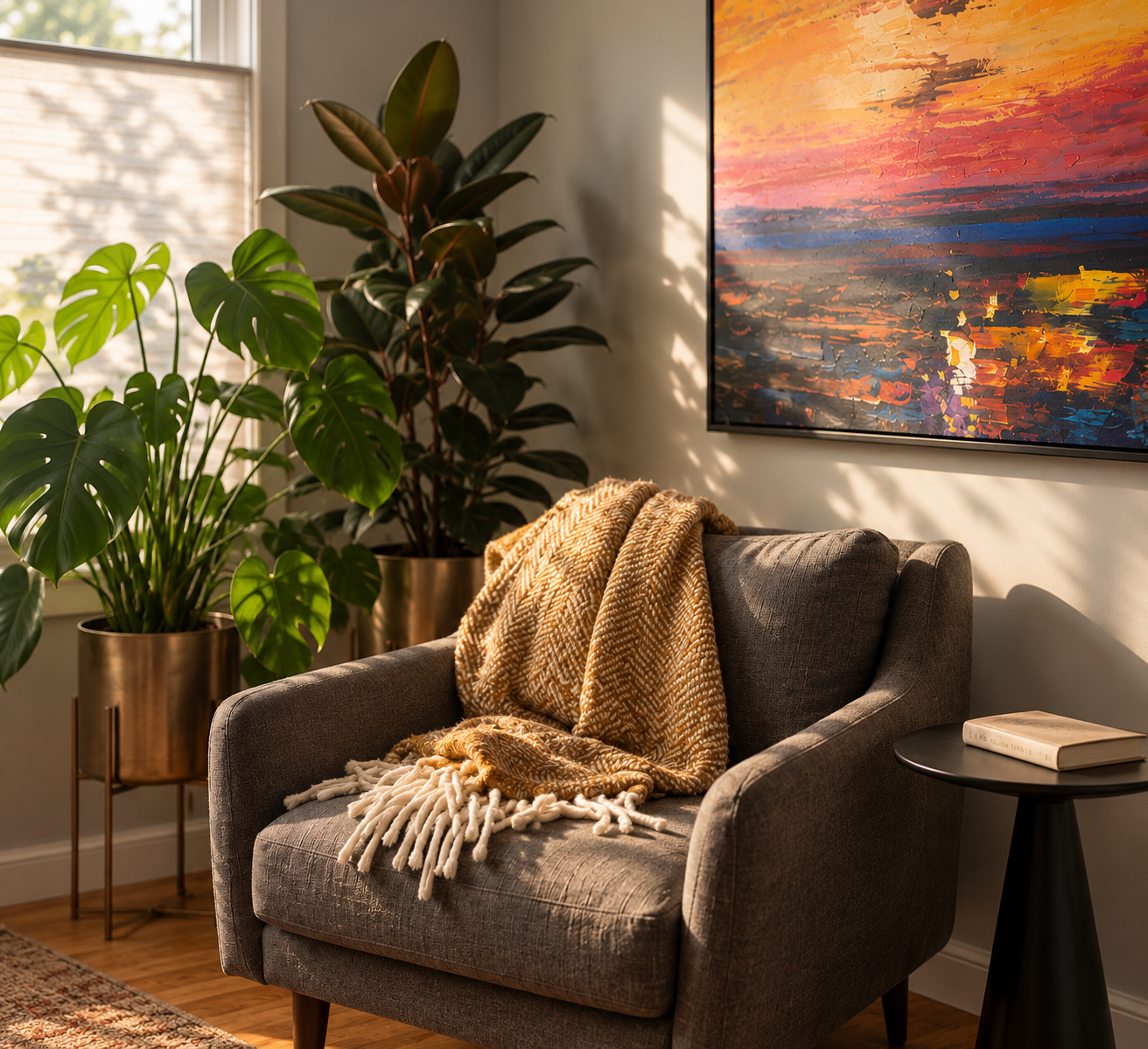 Therapy office with chair and plants in background