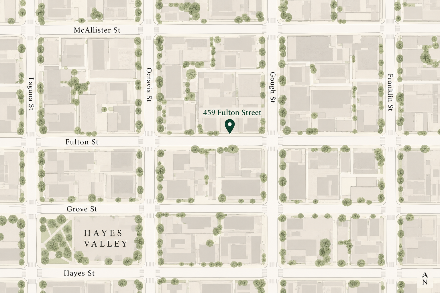 Map showing streets and buildings in a neighborhood, with 459 Fulton Street marked at the intersection of Gough Street and Fulton Street.