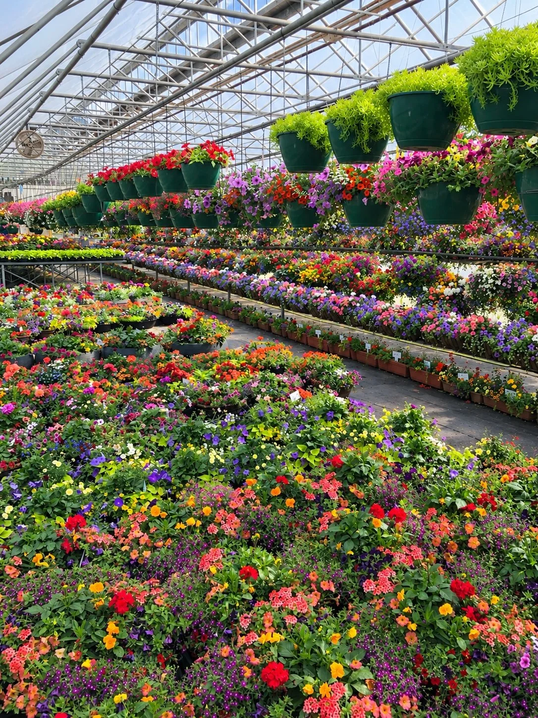 Colorful flowers in a greenhouse with hanging pots and multi-tiered planting shelves.