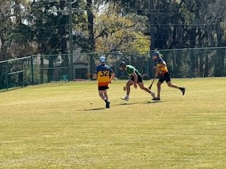 Three young boys playing flag football on a grassy field, wearing helmets and numbered jerseys.