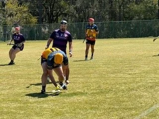Hurling  players on a field during practice or a game, with one player crouched and preparing to throw a lacrosse ball.