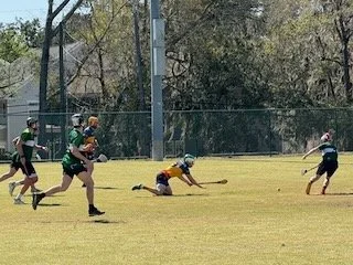 Football players on a field during a game, with one player diving and reaching for the ball while others are running.