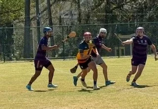 Four people playing hurling on a grassy field, with three wearing helmets and one holding a bat.