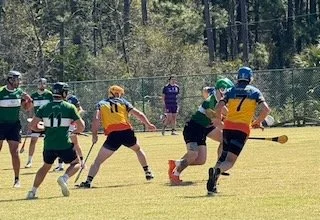 A group of young men playing a sport, with some wearing green jerseys and others in yellow and black jerseys, on a grassy field surrounded by trees.