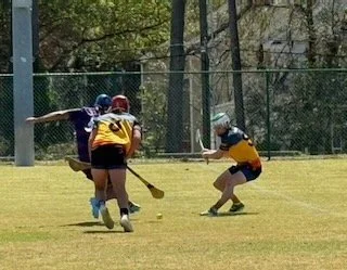 Children playing a game on a grassy field, wearing helmets and yellow sports jerseys.