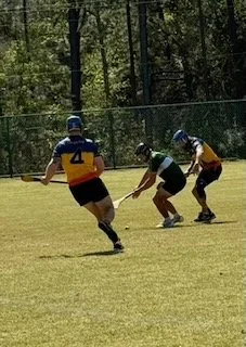 Three football players on a grassy field during a game, with trees and a fence in the background.