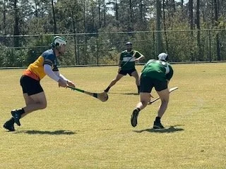 Three people playing lacrosse on a grassy field with a chain-link fence and trees in the background.