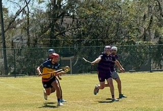 Two children playing hurling on a field, one in black and yellow and the other in black with a helmet.