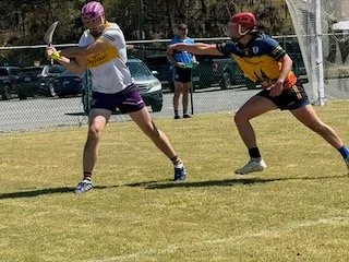 Two men playing a sport on a grassy field, one is wearing a white jersey and pink helmet, the other a yellow and black jersey with a red helmet, both holding sticks.