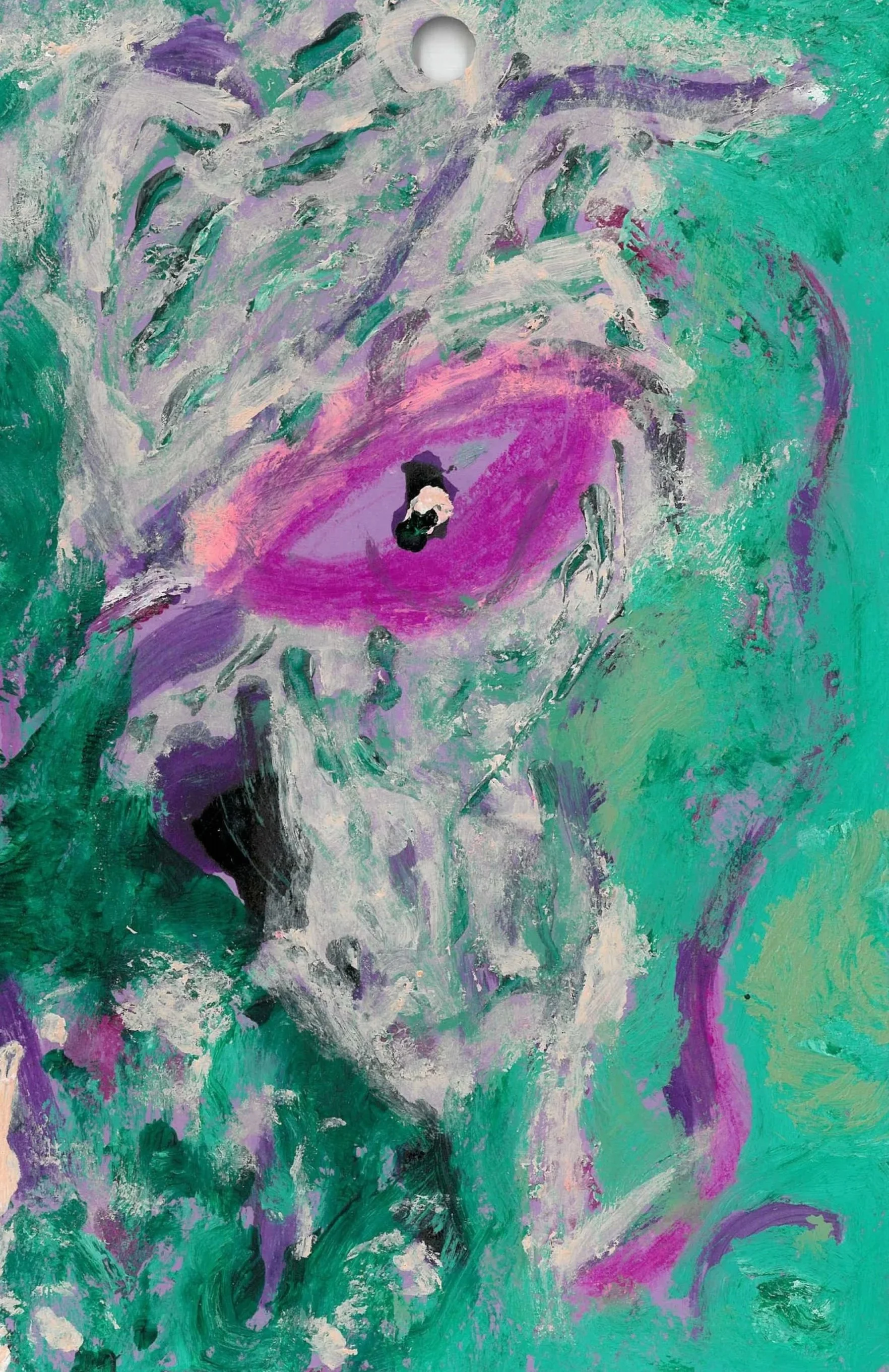 The High Priestess Tarot. Abstract portrait of a woman with prominent lips and eye, painted with bold purple, green, black, white, and gray brushstrokes.