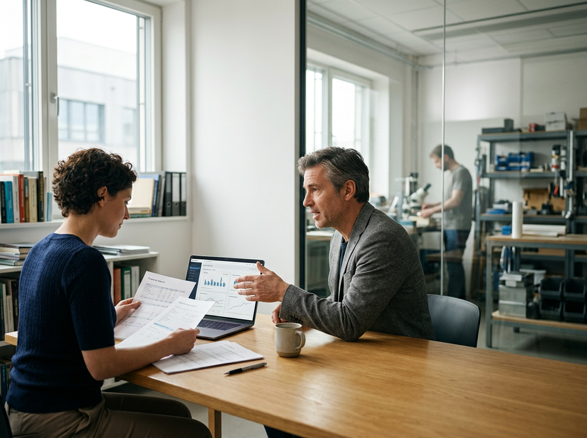 Man and woman in a business meeting discussing documents and a laptop with charts in an office conference room.