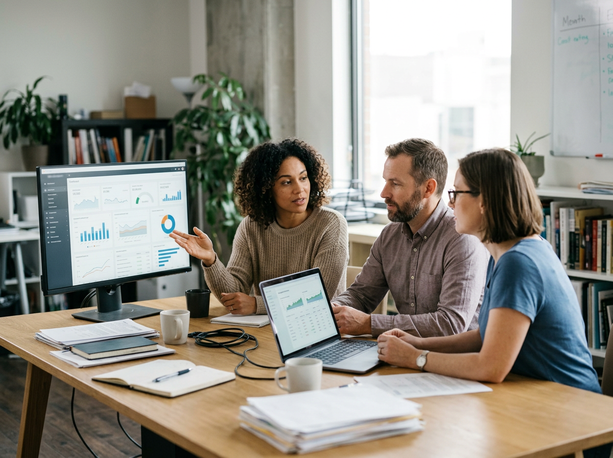 Small business team reviewing performance dashboards, financial metrics, and operating data.