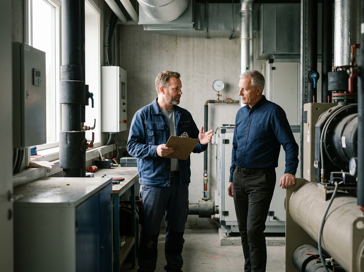 Facility professionals reviewing commercial HVAC equipment and discussing operational performance.