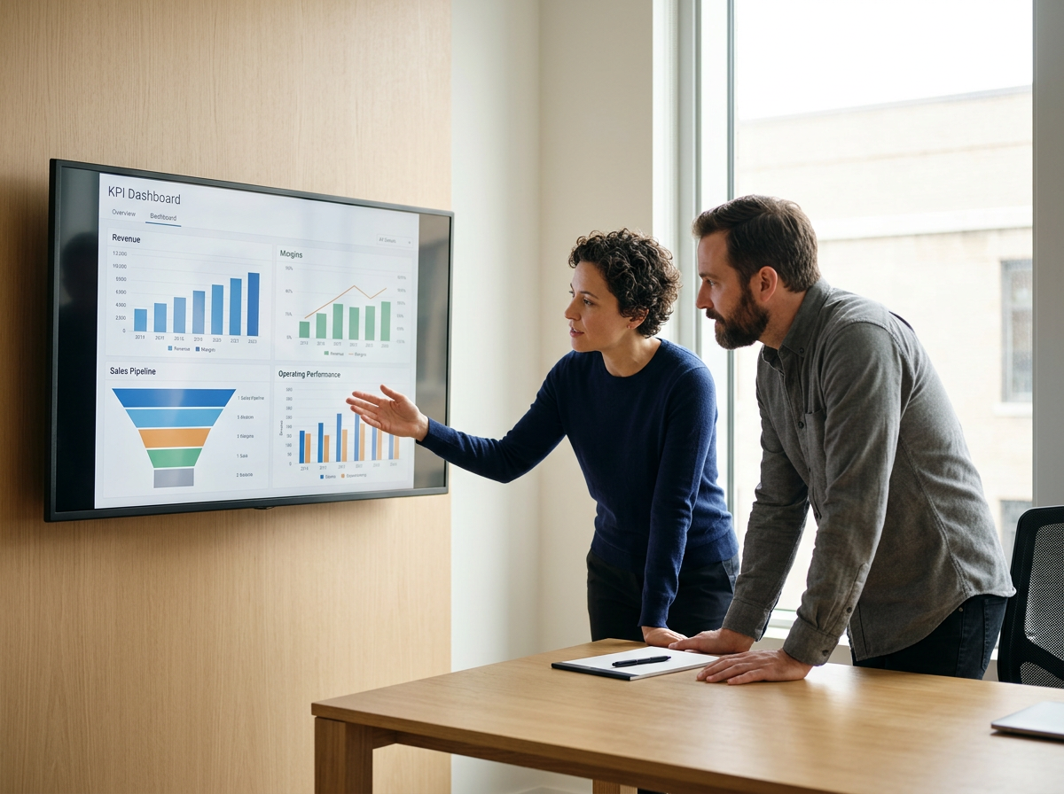 Business leaders reviewing a KPI dashboard showing revenue, margins, sales pipeline, and operating performance..