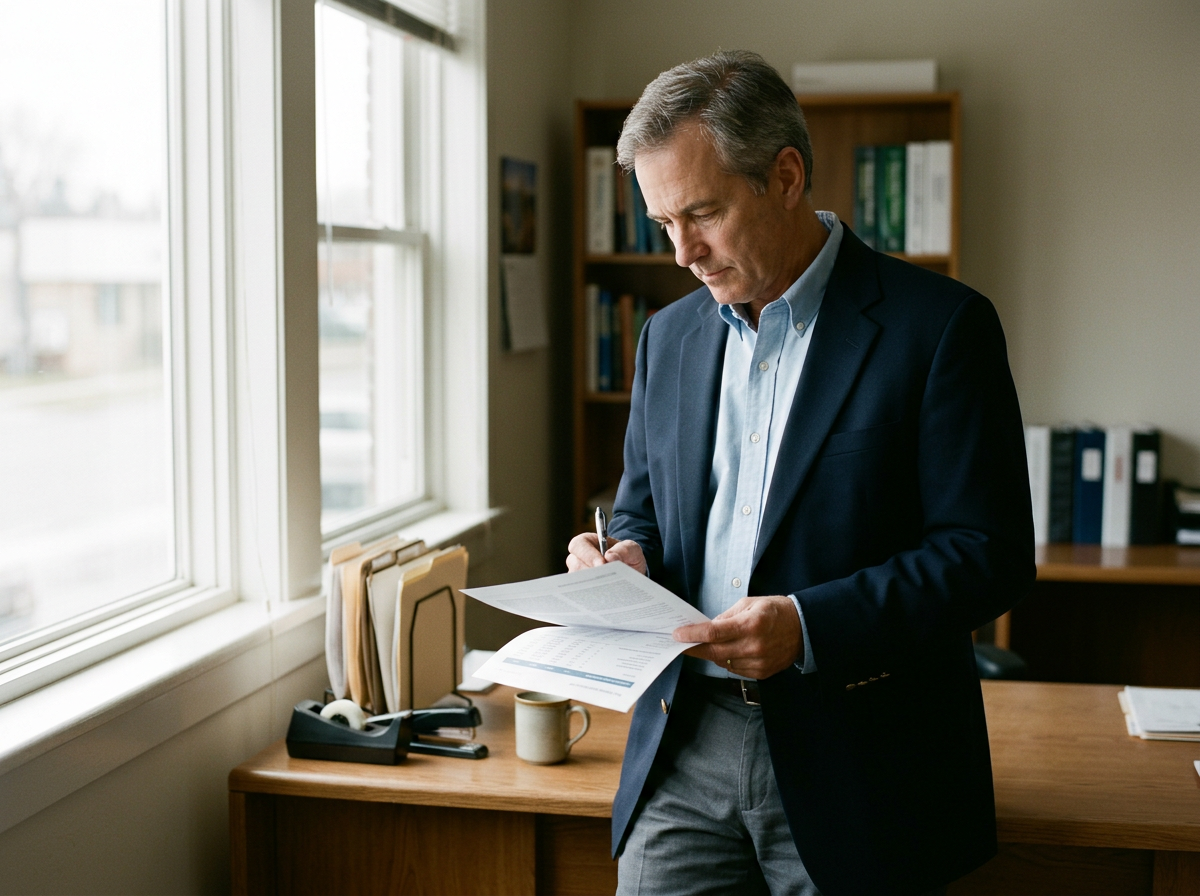 Business leader reviewing financial and operating documents in an office.