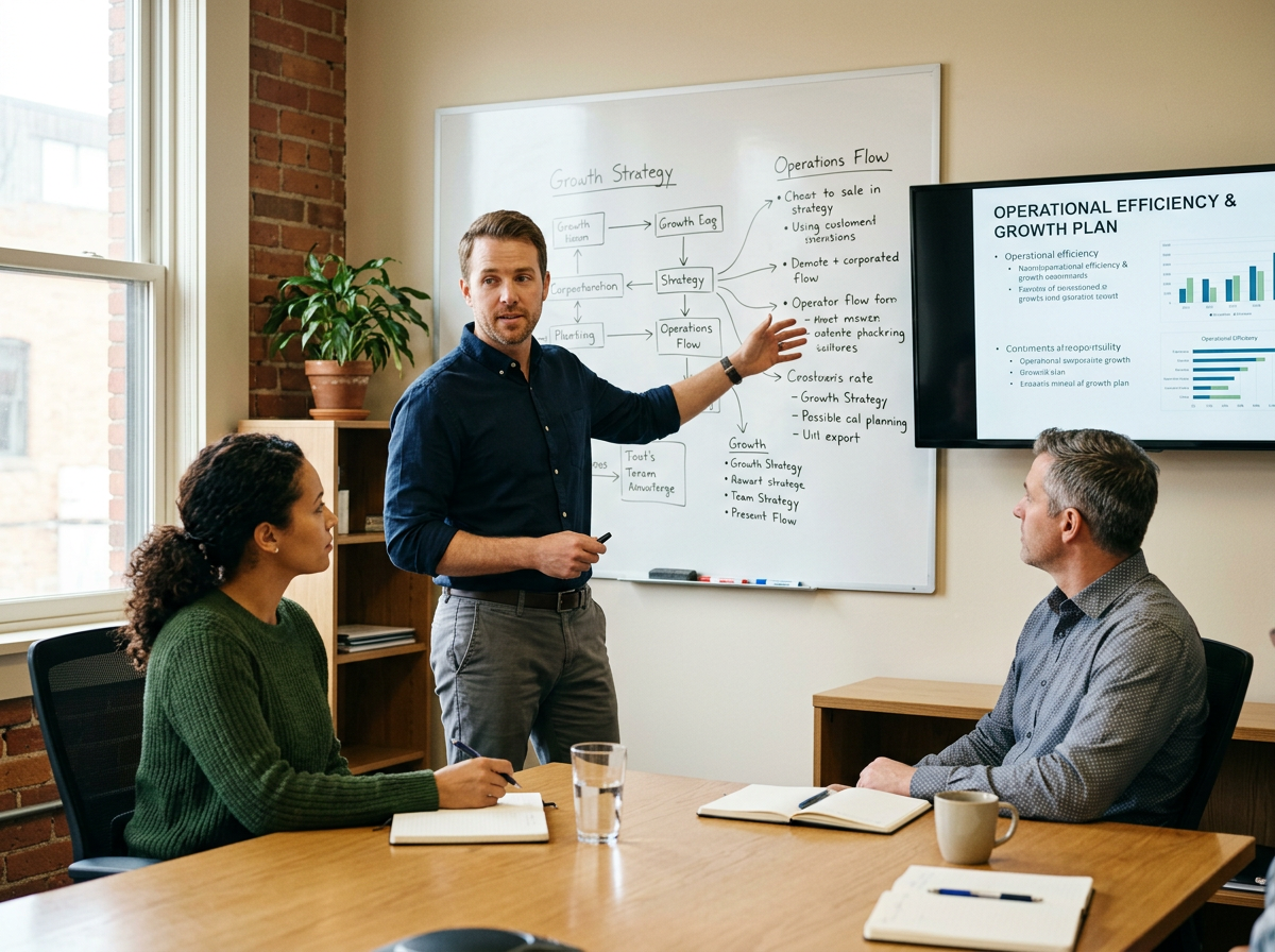 Advisor leading a strategy and operations planning session with a small business leadership team..