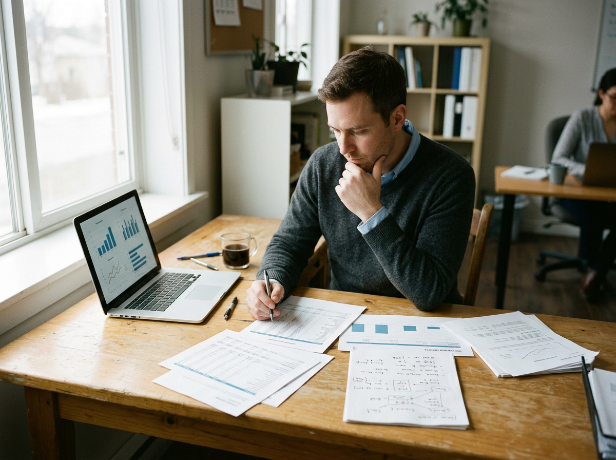 Business advisor reviewing financial reports, operating data, and performance trends.