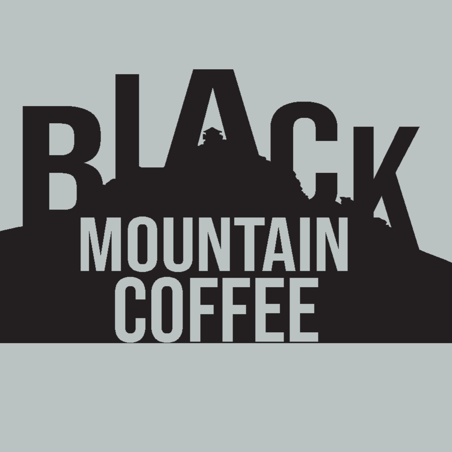 Graphic with the words "Black Mountain Coffee" in bold black and gray letters, with the "A" shaped like a mountain, on a light gray background.