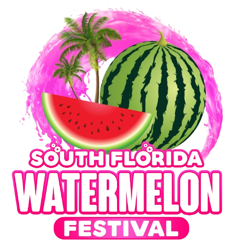 A logo for the South Florida Watermelon Festival featuring a watermelon, a slice of watermelon, palm trees, and pink text.