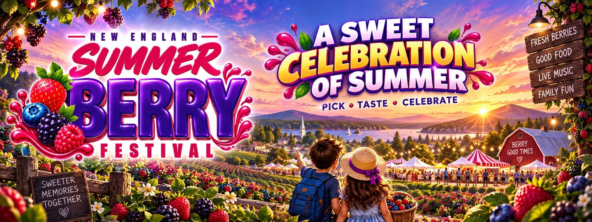 A colorful poster promoting a summer berry festival in New England, featuring illustrations of berries, children with backpacks, a scenic landscape with mountains and a lake, and event details about food, live music, and family fun
