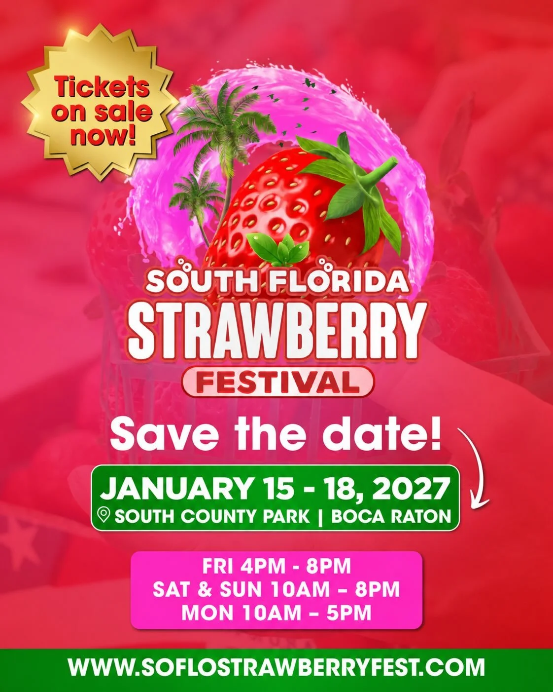 🍓🎉 IT&rsquo;S OFFICIAL! THE STRAWBERRY FUN IS BACK &amp; BIGGER THAN EVER! 🎉🍓

We&rsquo;re berry excited to announce the 5th Annual South Florida Strawberry Festival is returning to Boca Raton&hellip; and this year, we&rsquo;re celebrating with F