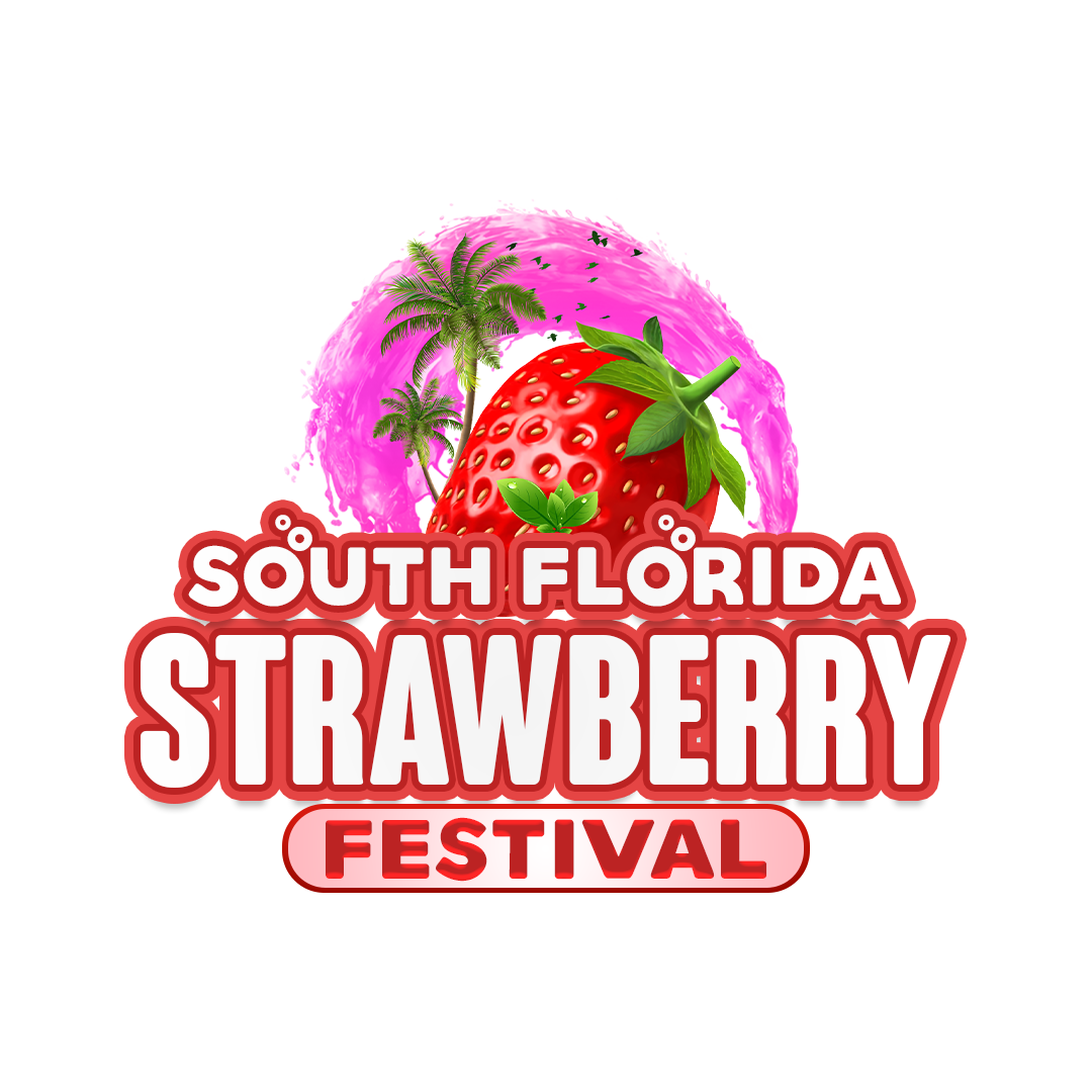 South Florida Strawberry Festival logo featuring a large strawberry, palm trees, and a pink background with the event name in bold white and red text.