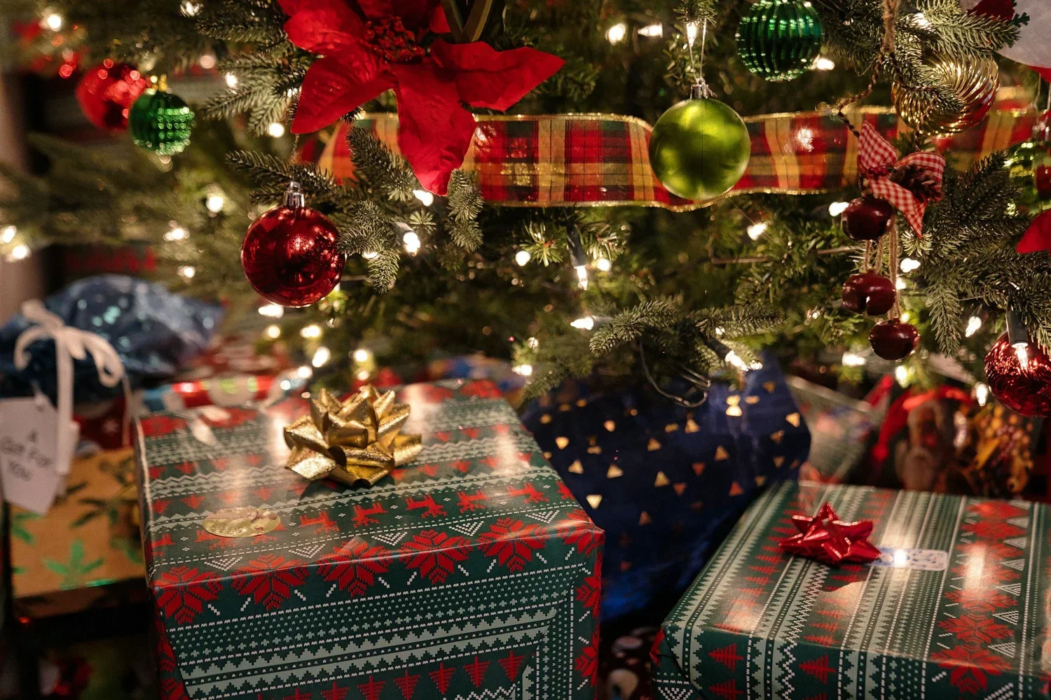 Wrapped Christmas presents under a decorated Christmas tree with lights, ornaments, and a red poinsettia flower.