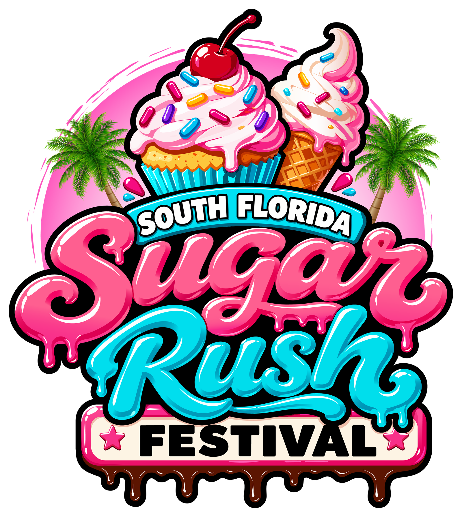 Colorful festival logo with illustrations of cupcakes topped with whipped cream, sprinkles, and a cherry, flanked by two palm trees, and the text 'South Florida Sugar Rush Festival' in pink, blue, and black lettering with decorative stars.