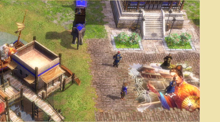 A colorful digital game scene with characters, a building with stairs, a horse, and a large, vibrant mural of a woman in traditional clothing.