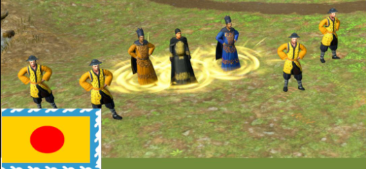 Six animated characters dressed in traditional clothing standing on a grassy area, with a flag featuring a red circle and a blue border in the lower left corner.