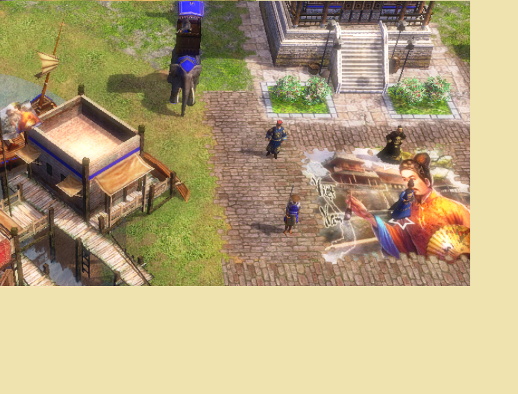 A fantasy scene depicting a marketplace with a large building, stone stairs, and multiple characters, including soldiers, and an illustrated figure of a person in traditional Asian attire holding a fan.