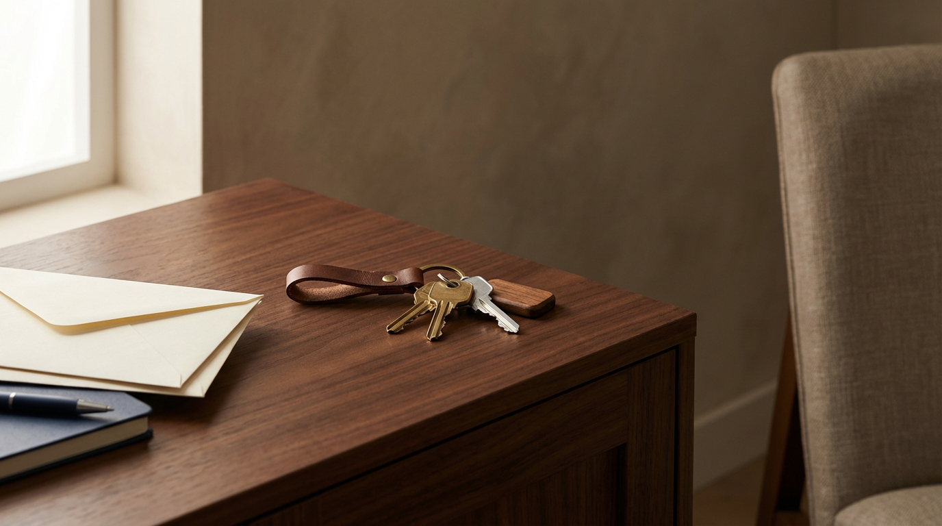 Keys, envelopes, a notebook, and a pen on a wooden table near a window and an upholstered chair.