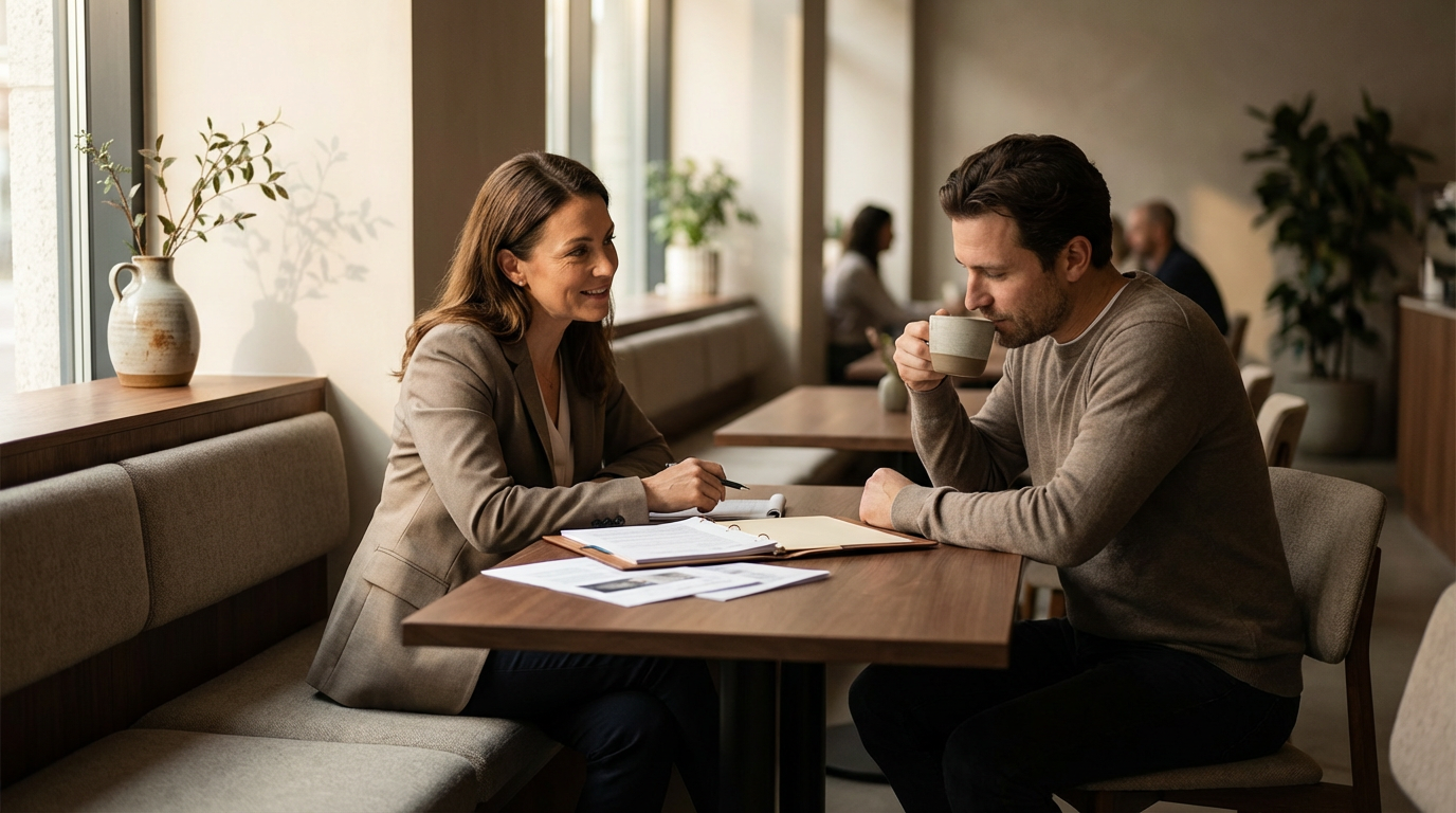 A woman and a man sitting at a table in a cafe, engaging in a conversation. The woman is smiling, holding a pen, with documents and a notepad in front of her. The man is drinking from a mug, dressed in a casual sweater. The cafe has large windows with sunlight, potted plants, and other patrons in the background.