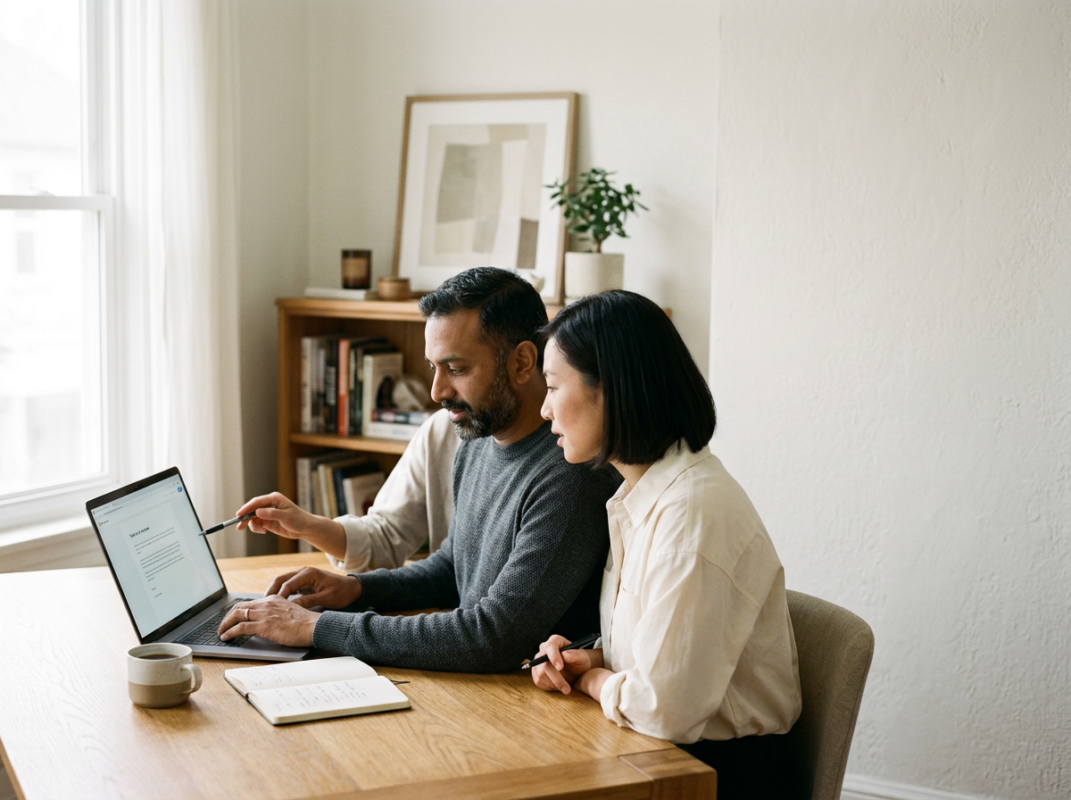 Two people sitting at a wooden table working on a laptop in a bright room with a bookshelf, framed artwork, and a potted plant in the background.